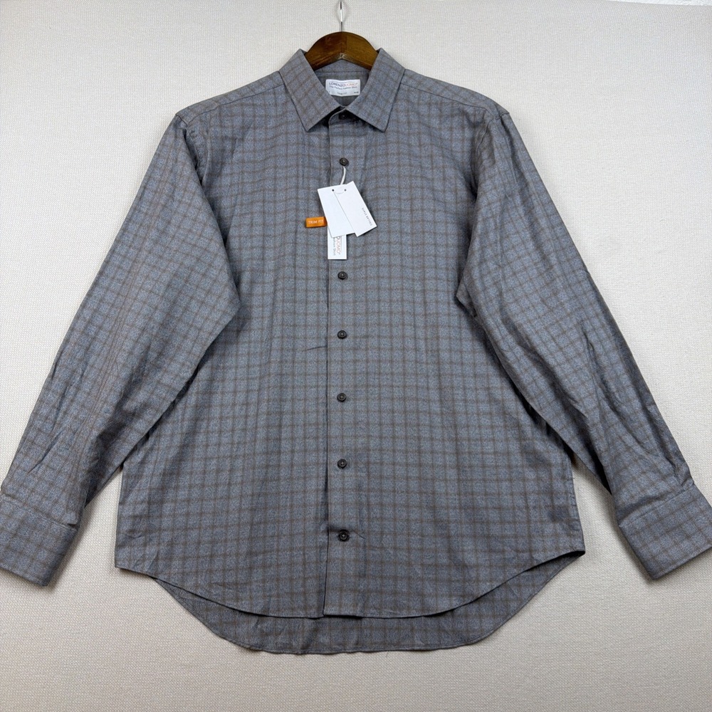 Lorenzo Uomo Trim Fit Dress Shirt Mens 17 34/35 Gray Brown Plaid NWT 100% Cotton